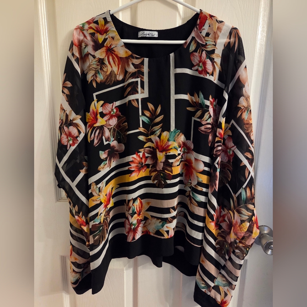 Lady Chic Semi Sheer Flowy Cape Blouse With Striking Pattern